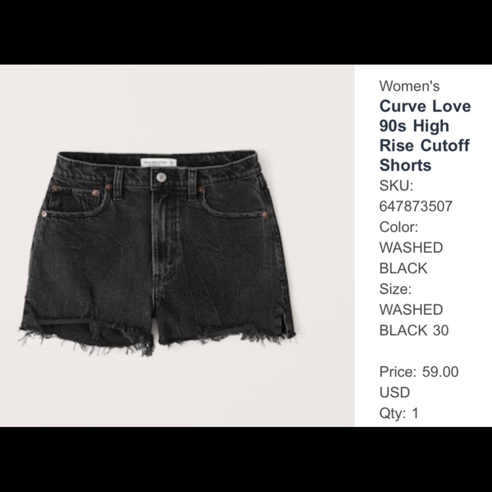 Abercrombie black denim shorts, size 30